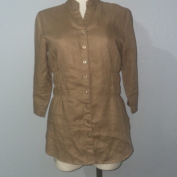 Westbound 100% Linen Fitted Button Down Shirt Light Brown Stand Collar size 6 - Picture 1 of 12